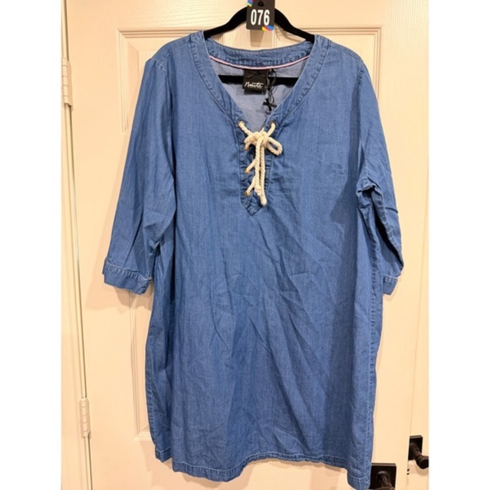 #76 Nanette Lepore Denim Dress Women 1X Blue Lace Up Rope Chambray 100% Cotton